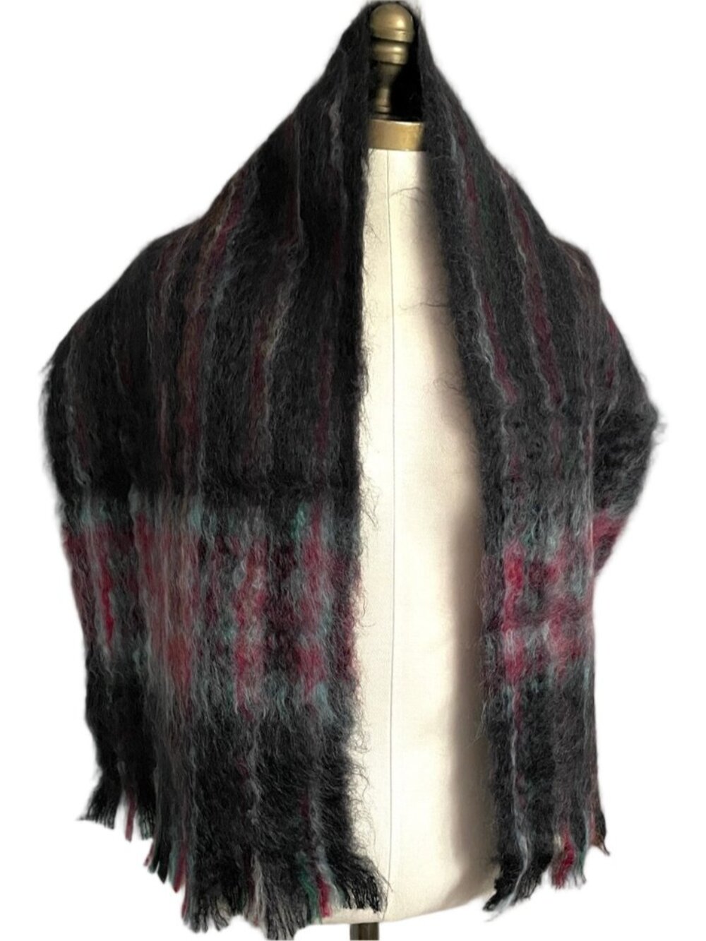 Vintage Black Multicoloured 100% Mohair Wool Fringed Scarf - 55 x 11.5" - Picture 2 of 9